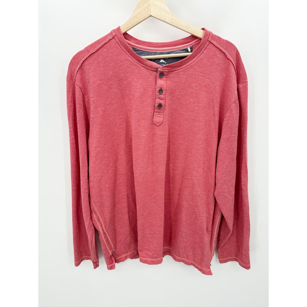 Tommy Bahama Top Men XL Pink Oahu Shores Long Sleeve‎ Henley Cotton Blend